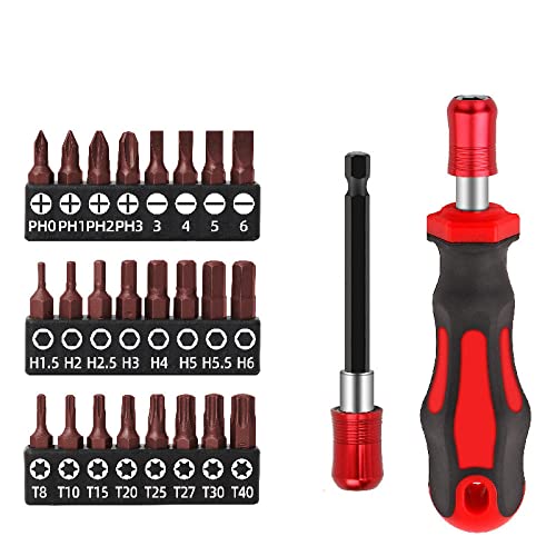 Bits Set Hex Shanked Non-slip Screwdriver Handle Flat Head Cross Phillips Torx Hex Screwdriver Set Repair Kit Hand Tools,26PCS Red