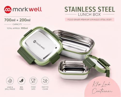 Image of MARKWELL Stainless Steel Lunch Box 700ml + 200ml | Leak Resistant Tiffin Box with Mini Container | BPA Free Lunch Box for Office, School, College, Kids & Travel | (Multicolor)