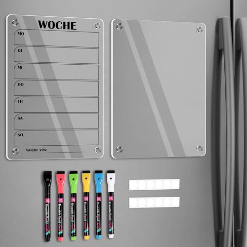 BIROYAL 2er Set Wochenplaner Abwischbar(30 × 20cm) - Magnettafel Kühlschrank Acryl mit 6 Markers für To-do Listen, Essensplaner und Einkaufsliste - Deutsch