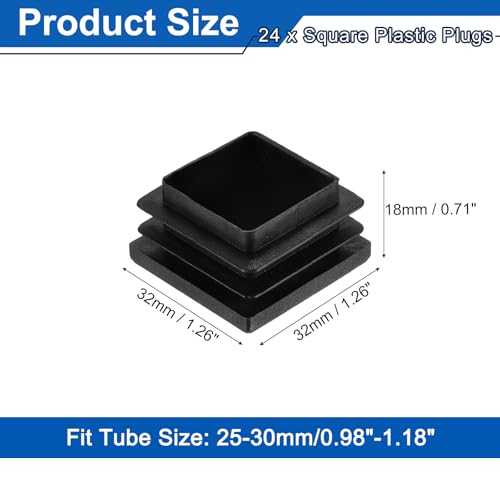 Image of uxcell 24Pcs Square Plastic Plugs, 32 x 32mm /1.26 x 1.26inch PE Pipe Tubing End Caps for 25-30mm /0.98-1.18inch Square Tube Furniture Chair Leg, Black