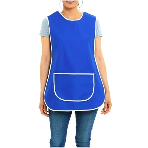 Image of Womens Tabard Ladies Tabbard Home Work Kitchen Cleaning Chef Catering Cleaners Barbar Workwear Poly Cotton Overall White Piping Edge Apron Large Pocket Side Button Fastening (Royal Blue,XXOS)