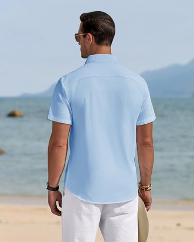 Image of J.VER Mens Linen Shirt Short Sleeve Button Down Casual Summer Shirts | Cotton Linen, Untucked, Big Tall, from Beach Camp Vacation, Cruise Fishing, Work Office, to Wedding Party Family, with Pocket