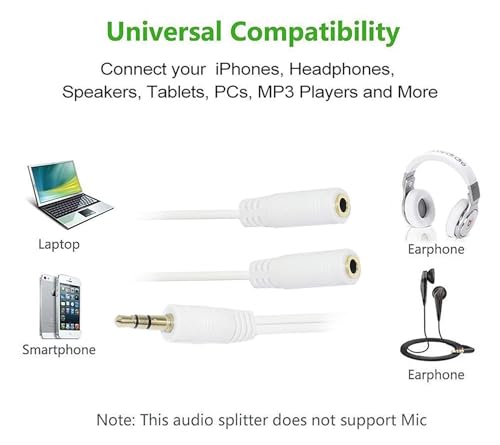 Image of NISHTECH 3.5mm jack 1 male to 2 female Stereo headphone earphone Jack Y Splitter audio adapter Cable (White)
