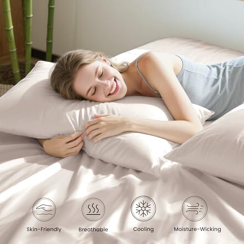 Image of Love's cabin 4 Piece Full Size Sheet Set, 100% Rayon Derived from Bamboo, Cooling & Breathable, Soft Silky Deep Pocket up to 16 inch, Hotel Luxury Bedding for Hot Sleepers, Sand