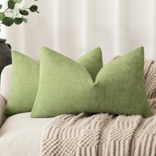 Image of Foindtower Pack of 2 Soft Textured Chenille Throw Decorative Pillow Covers Lumbar Accent Solid Cushion Cover Cozy Farmhouse Pillow Case with Zipper for Couch Sofa Bed Living Room 12x24 Inch,Lush Green