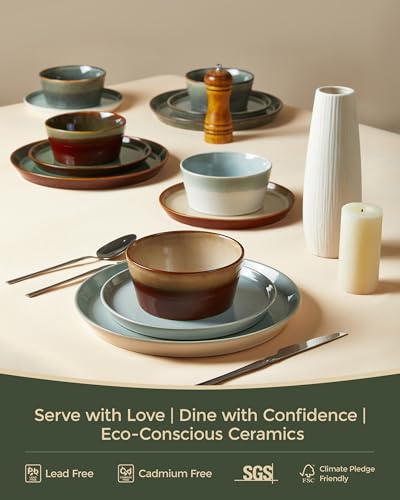 Image of Ceramic Plates and Bowls Sets for 8, 24pcs Dinnerware Sets, Dish Set | Reactive Glaze Stoneware Dishes Set, Microwave & Dishwasher Safe, Scratch Resistant, Easy Cleaning Dishware sets, Brown Green