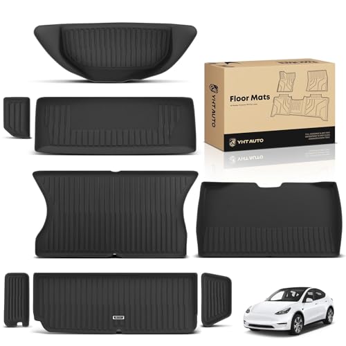 YHTAUTO Cargo Liners for Tesla Model X 2022-2025 (5-Seat) TPE Floor Liners All Weather Custom Fit Front & Rear Inner & Rear & Lower Trunk Cargo Mat & Interlayer Pad in Trunk Set of 8 Black