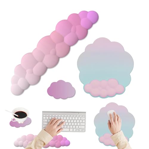 Cloud Mouse Keyboard Wrist Rest:Cute Wrist Rest Set -Ergonomic Memory Foam Wrist Support Pad with Non-Slip Base for Typing Pain Relief - for Computer Keyboard Laptop Offices (Cyan/Pale Purple/Pink)
