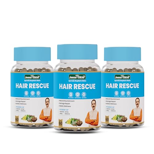 Image of Jeena Sikho Ayurveda Hair Rescue Capsules | Ayurvedic Supplement for Men & Women | Supports Hair Health, Scalp Care & Natural Shine | With Amla, Brahmi, Giloy & Bhringraj | 60 Capsules, Pack of 3
