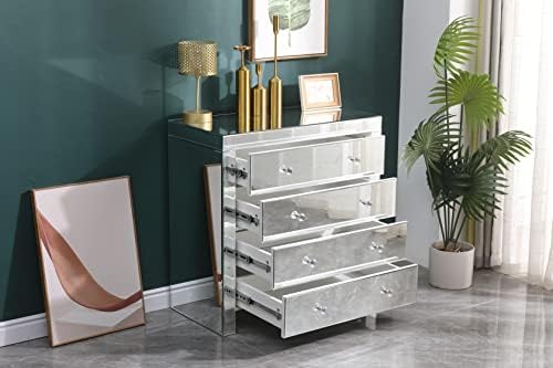 HOME MODERN Mirrored Chest of 4 Drawers with Crystal Handle Glass Storage Unit Sideboard Cupboard Bedroom Living Room Furniture Cabinet