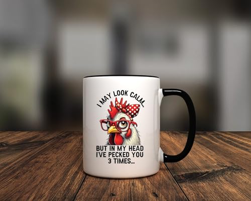 Funny-Chicken-Rooster-Gift-Mug-for-FarmerFarmhouse-Chicken-Lover-Mug-for-WomenI-May-Look-Calm-But-In-My-Head-Ive-Pecked-You-3-Times-Ceramic-Coffee-Cup-11OZ-AWFM110 Funny Chicken Rooster Gift Mug for FarmerFarmhouse Chicken Lover Mug for WomenI May Look Calm But In My Head Ive Pecked You 3 Times Ceramic Coffee Cup 11OZ AWFM110