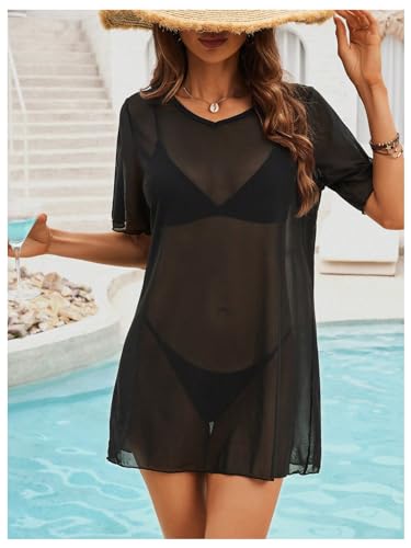 SweatyRocks Women's Sheer Mesh Short Sleeve Cover Ups Round Neck Summer Loose Beachwear Shirt3