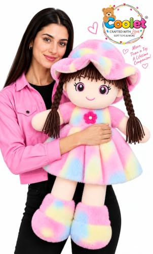 Image of Soft Hat Doll for Kids 60 cm | Cute Plush Rag Doll with Cap & Braided Hair | Washable Stuffed Soft Toy for Girls & Boys | Birthday Gift (Multicolor Pink Fur Doll)