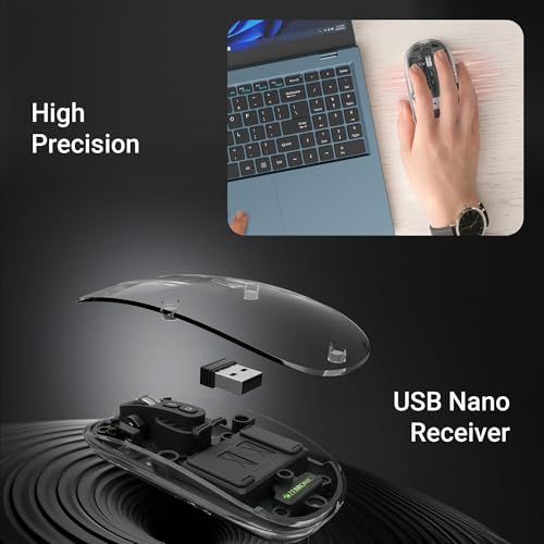 Image of ZEBRONICS Sheer Rechargeable Wireless Mouse, Dual Mode (2.4GHz + BT), Dual Bluetooth, Silent Operation, Transparent Body, RGB, Battery Indicator, for Mac | Laptop | Computer (Grey)