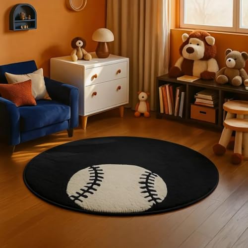 Image of Modern Shaggy Round Rug | Ultra-Soft Plush Circle Carpet for Living Room, Bedroom, Nursery | Fuzzy, Fluffy Area Rug with Non-Slip Base Black Double Ball 7x7 feet
