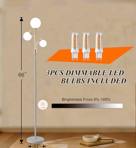 Image of Fiqevs Mid Century Modern 3 Globe Tree Floor Lamp - Dimmable LED Standing Lamp with Bulbs, Warm Light for Living Room Bedroom Office - White