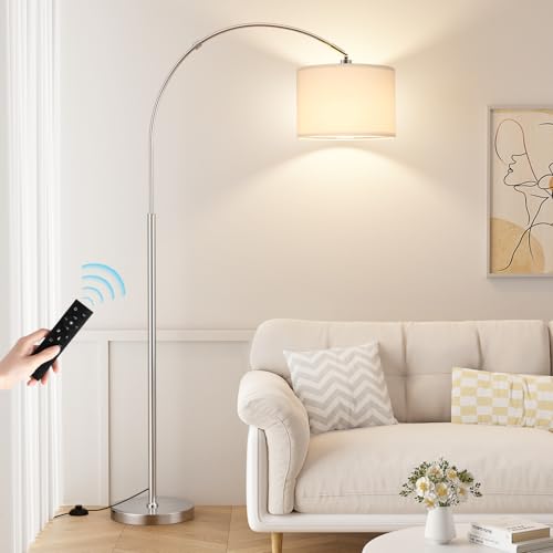 Ambimall Dimmable Arc Floor Lamp with Remote, Color Temperatures and Brightness Adjustable, Arched Floor Lamp with Rotating Head, Over Couch Arched Reading Light for Living Room (White and Silver)
