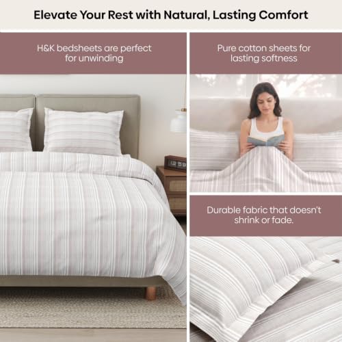 Image of Haus & Kinder Bedsheet for Double Bed | Queen Size Bed Sheet with 2 Pillow Covers 90 Inch x 100 Inch | 300 TC Pure Cotton Bed Sheet Double Bed | Verde Luxe Grey & White