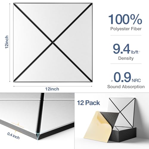 Image of 12 Pack Self-Adhesive Acoustic Panels, 12 inch X 12 inch X 0.4 inch X-Line Sound Proof Foam Panels for Walls, Soundproof Wall Panels for Home & Office (White on Black)