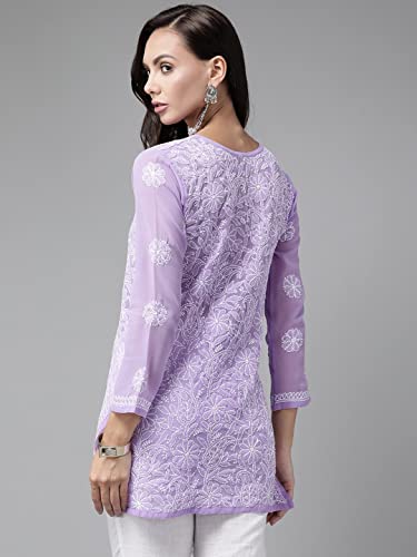 Image of Ada Women's Georgette Regular Fit Chikankari Hand Embroidered Lucknow Short Kurti Top A911224