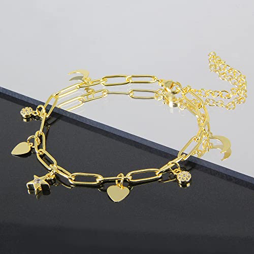 Sm Stainless Steel Adjustable Link Chain Cubic Zirconia Moon & Star Charm Bracelets For Women (Star Cz - Gold, 6 Inches + 2 Inches) #TOP3
