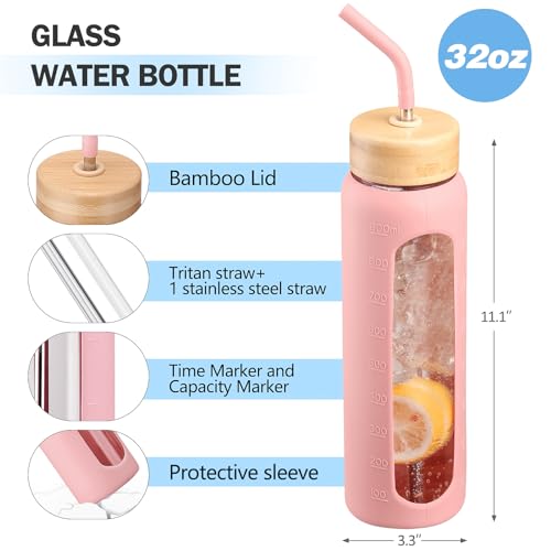 Image of 32oz Glass Water Bottle with Straw and 2 Lids, Pink