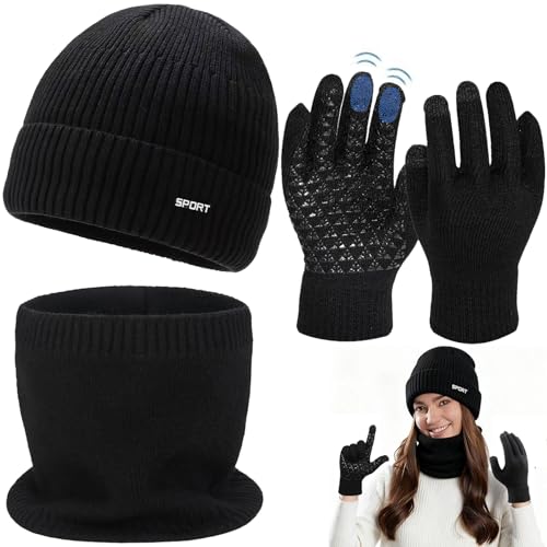 Mino Plus Mütze Schal und Touchscreen Handschuhe Set Wintermütze,Mütze, Schal & Handschuh-Sets für Herren Damen,Elastische Cuffed Plain Wintermütze Outdoor Aktivitäten Geschenk (Schwarz)