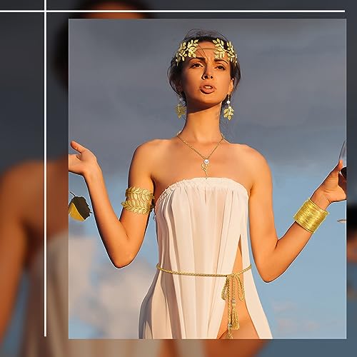 JenPen 15 Pcs Greek Goddess Costume Accessories Set Golden Laurel Leaf Crown Upper Arm Cuff Coil Bracelet Hair Headpiece Artificial Leaf Drop Earrings Necklace Toga Waist Belt for Women (Elegant)4