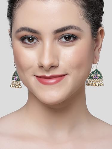 Image of Karatcart Silver Tone Diamond Shape Pink and Blue Carved Stone Studded Drop Earrings for Women