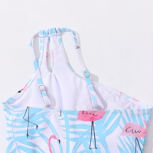 Girls One Piece Swimsuits Color Block Quick Dry Bathing Suit One Shoulder Swimwear with Adjustable Straps 7-16Y4