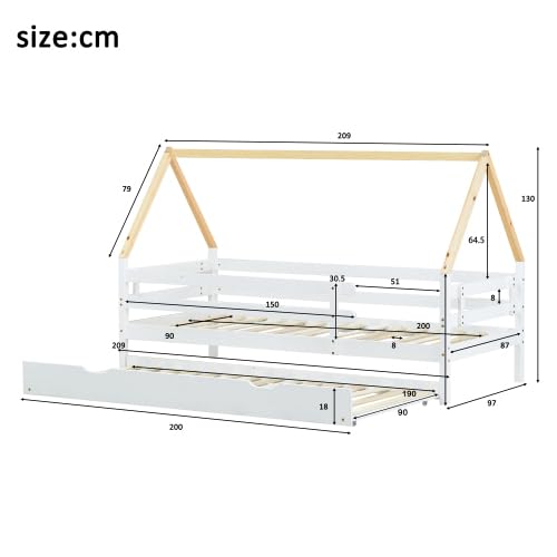 Merax Lit cabane pour enfant avec lit gigogne, lit coulissant avec roulettes, en bois massif, blanc et naturel, 90 x 200 cm et 90 x 190 cm