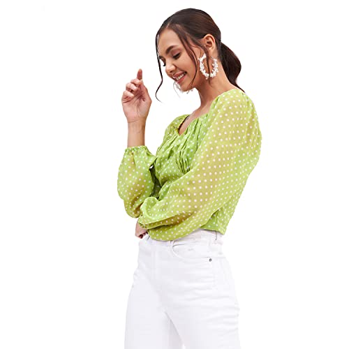 Image of Kibo Casual Women's Polyester Light Green V Neck Polka-dot Crop Top