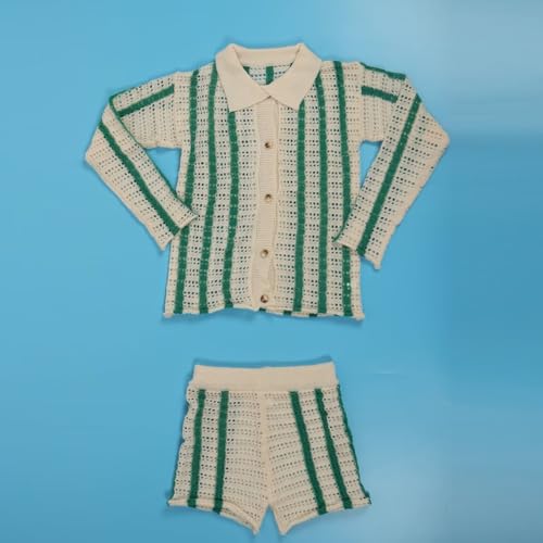 Image of Womens Fashion Stripe Knit Sweater Cardigan 2 Piece Outfits,Long Sleeved Woollen Cardigan and Shorts Suit