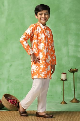 Image of Fashion Dream Boy's Cotton Blend Printed Kurta Pyjama And Jacket Set|Kurta And Payjama Set
