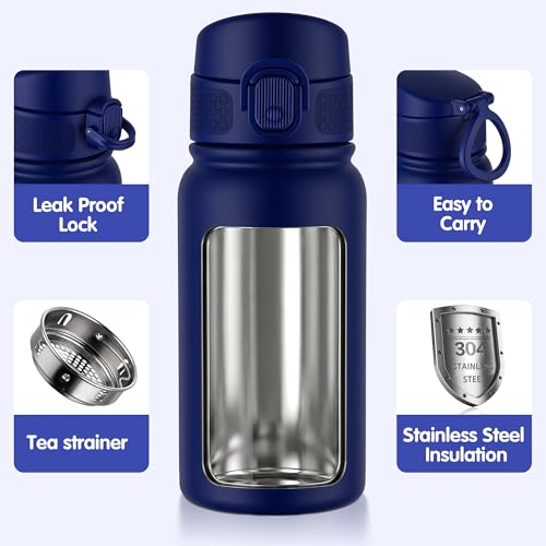 Image of GOPPUS Kids 12oz Insulated Stainless Steel Water Bottle, Leakproof Vacuum Tumbler with Carry Handle, Fits Cup Holders, Reusable Water Bottle for School Outdoor, Boys & Girls(Dark blue)