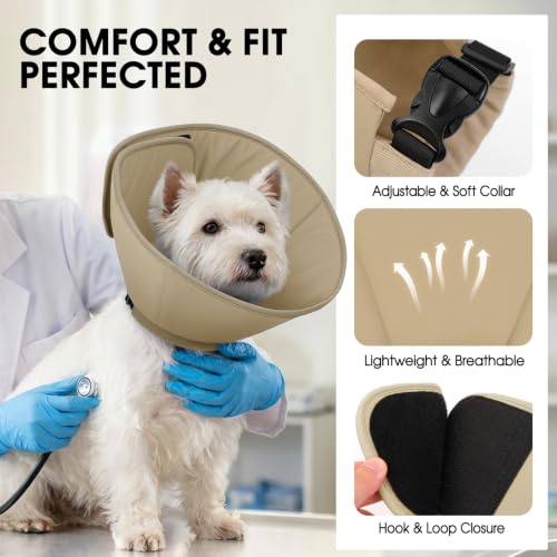 Image of Adjustable Dog Cones, Soft Cone for Dogs to Stop Licking | Dog Cone Alternative for Small Dogs, Pet Recovery Collar After Surgery with Quick Release Buckle, Khaki S