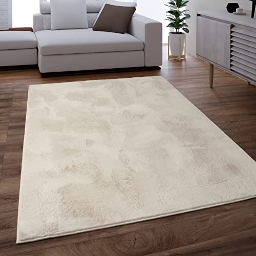 Paco Home Teppich Wohnzimmer Schlafzimmer Kunstfell Shaggy Hochflor Flauschig Soft Einfarbig Creme, Grösse:80x150 cm