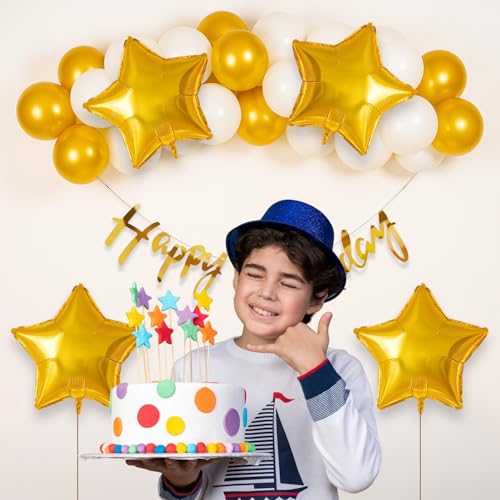 Image of Party Propz Birthday Decoration Kit - 26 Pcs Golden & White Theme - Happy Birthday Banner, Star Foil Balloons, Decoration Kit for Boys, Girls & Husband (Cardstock,Foil)