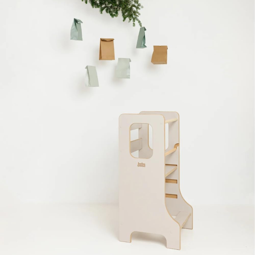 Babywood Lernturm Slim – höhenverstellbarer Küchenhelfer für Kinder, Stehpodest & Trittstufe, 85×40×41 cm, sicher & stabil, MDF, Farbe Kaschmir