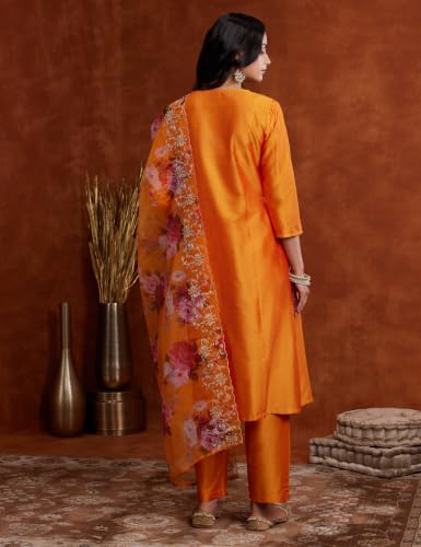 Image of Amazon Brand - Myx Women's Kurta Pant Set with Embroidered Organza Dupatta | A-line fit (Available in Plus Sizes)