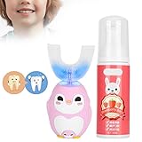 【Haga que a los niños les guste cepillarse los dientes】 ¿A los niños no les gusta cepillarse los dientes? El cepillo de dientes eléctrico en forma de U es una gran herramienta para cultivar los hábitos de cepillado de los niños. Con el lindo pingüino de diseño de dibujos animados, a los niños les encantará de un vistazo. Es para niños que no saben cepillarse los dientes.