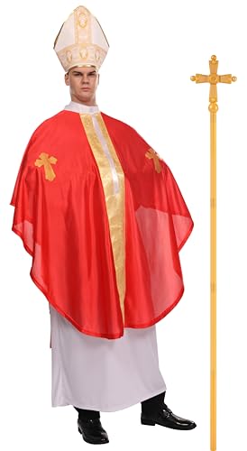 Maxim Party Supplies Adult Pope Halloween Costume Biblical Catholic Cardinal Bishop Outfit for Men Includes White Robe, Red Papal Poncho, Hat