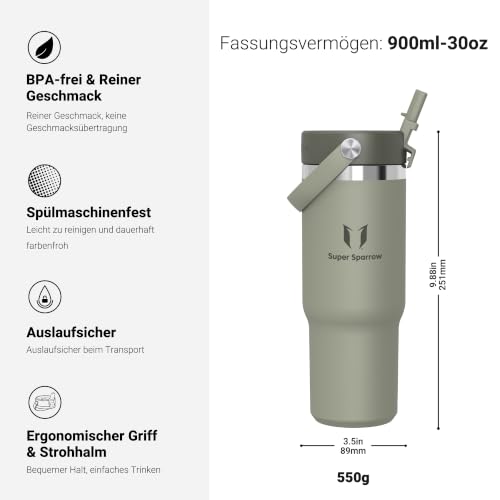 Sparrow Thermobecher mit Strohhalm Tumbler -900ml- Trinkflasche Edelstahl – Ansicht 3