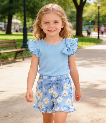 Image of Barlver Girls 2 Piece Short Set Baby Girl Summer Clothes Ruffle Sleeve T-Shirt and Bow Knot Shorts Toddler Girl Outfit Set