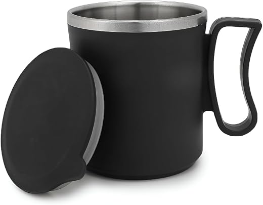 MeeTo Coffee Mug with PVC-Handle and Lid, Stainless Steel for Tea Milk Mug, Cup with Cap Travel Home Office 370ml Multicol...