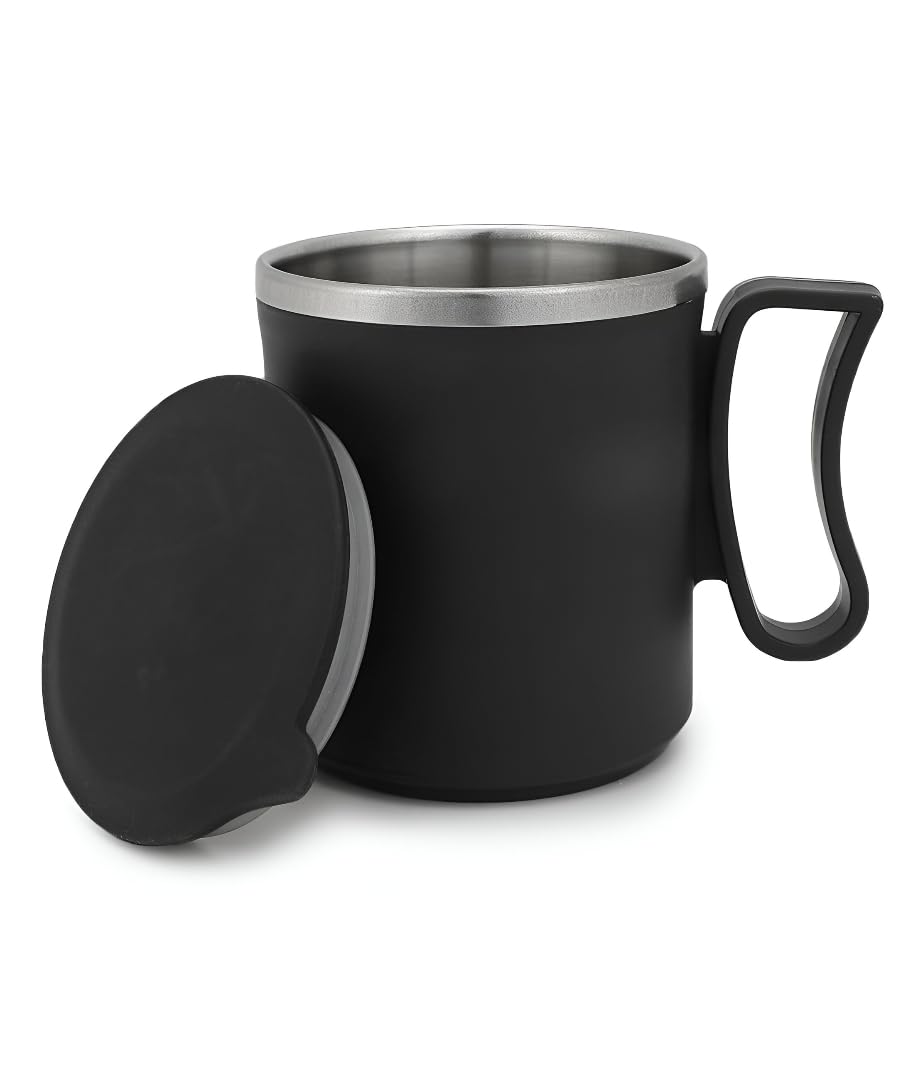 MeeTo Coffee Mug with PVC-Handle and Lid, Stainless Steel for Tea Milk Mug, Cup with Cap Travel Home Office 370ml Multicol...