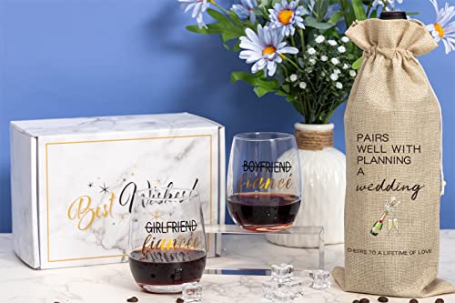Engagement Gifts For Couples, Boyfriend And Girlfriend Wine Glass And Wine Bag Gift Set, Fiance Fiancee Gift For Him And Her, Bride And Groom Wedding Gifts, Bridal Shower, Engaged Gifts For Newlywed #TOP3