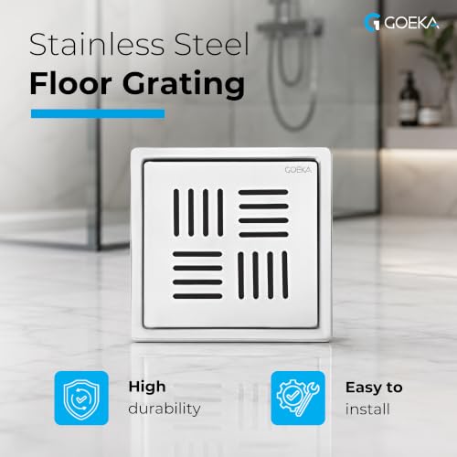 Image of GOEKA Premium Square Flat Cut Floor Drain (6 x 6 Inch) | 304 Grade Stainless Steel Bathroom Drain Jali | Heavy-Duty Floor Grating for Kitchen, Balcony & Outdoor Use