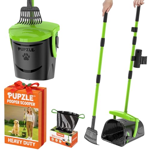 Pupzle Dog Pooper Scooper with Bag Attachment, 40' Long Handle Pooper Scooper for Large Dogs, Dog Poop Scoop for Yard, Large Capacity Swivel Bin and Rake, Lavender Scented Bags (Green)
