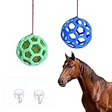 2 pcs de comedero lento para caballos con forma de paca de heno, Bola para alimentar pollos y verduras, juguete de 14 cm colgar para cabras ovejas y aves de corral reducción del estrés (verde y azul)